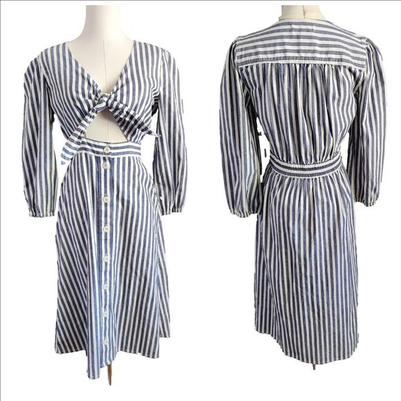 Madewell Shimmer Stripe Cutout tie bust Button Skirt Midi Dress NWOT $110 size 2 - Picture 4 of 9